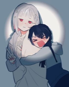 &gt;_&lt; 2girls :| blanket blue_hair blue_jacket blue_ribbon blue_shorts blurry blush bob_cut closed_mouth colored_inner_hair commentary completely_unamused covering_another d: diagonal_bangs dollchestra double_v dx full-face_blush grey_hair grey_jacket hair_ornament hair_ribbon highres holding holding_blanket hood hood_down hooded_jacket inverted_bob jacket jitome link!_like!_love_live! long_hair long_sleeves love_live! low_twintails multicolored_hair multiple_girls murano_sayaka murano_sayaka_(summer_training_wear) official_alternate_costume open_mouth pipi_(m1x_mix) red_eyes red_hair ribbon short_hair shorts star_(symbol) star_hair_ornament streaked_hair tank_top twintails unamused v v-shaped_eyebrows virtual_youtuber white_tank_top yugiri_tsuzuri yugiri_tsuzuri_(summer_training_wear)