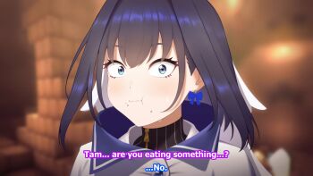 1girl blue_eyes blue_hair blurry blurry_background cipher4109 cloak commentary eating english_text enigmatic_recollection food food_on_face hair_intakes highres hololive hololive_english indoors looking_at_viewer ouro_kronii short_hair solo subtitled upper_body virtual_youtuber white_cloak