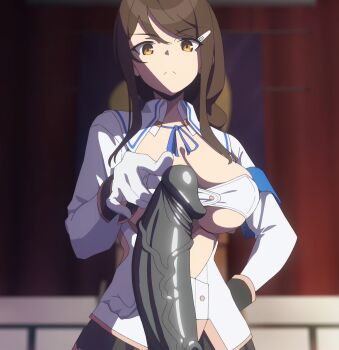 1girl braid braided_ponytail breasts brown_eyes brown_hair cleavage dildo gloves hand_on_own_hip highres large_breasts long_hair looking_at_viewer nukigee_mitai_na_shima_ni_sunderu_watashi_wa_dou_surya_ii_desu_ka? school_uniform serious sex_toy skirt solo stitched strapless tadasugawa_rei third-party_edit tube_top underboob