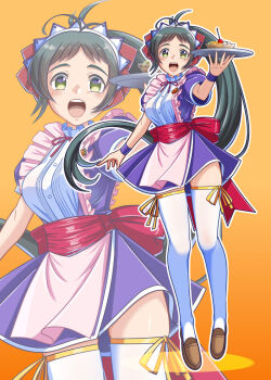 1girl antenna_hair apron breasts commentary_request green_eyes green_hair hair_ribbon holding holding_tray irako_(kancolle) kantai_collection large_breasts long_hair maid_headdress moke_ro open_mouth pia_carrot_(series) pink_apron ponytail puffy_short_sleeves puffy_sleeves ribbon short_sleeves thighhighs tray very_long_hair waist_apron waitress white_thighhighs zoom_layer