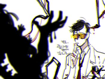1boy 1other a.m bad_source black_hair blood blood_on_hands body_horror english_text glasses guro i_have_no_mouth_and_i_must_scream korean_text kwh6762 lab_coat machine machinery messy_hair necktie opaque_glasses personification robot smoking_pipe torture