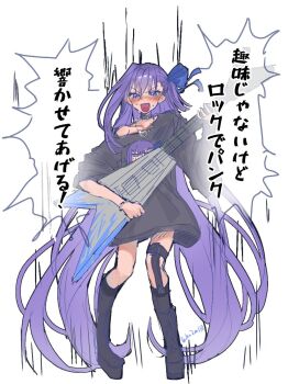 1girl :d absurdly_long_hair alternate_costume asymmetrical_bangs asymmetrical_sleeves black_boots black_choker black_shirt black_socks blue_eyes blue_ribbon blush boots bracelet character_print choker commentary_request cosplay electric_guitar elizabeth_bathory_(perfect)_(first_ascension)_(fate) elizabeth_bathory_(perfect)_(first_ascension)_(fate)_(cosplay) excited fate/grand_order fate_(series) full_body gibson_flying_v guitar hair_ribbon heart heart_necklace highres holding holding_guitar holding_instrument hz2ml10 instrument jewelry kneehighs legwear_garter long_hair long_sleeves looking_at_viewer loose_clothes loose_shirt meltryllis_(fate) motion_lines necklace no_prosthetic_leg nose_blush open_mouth platform_boots print_shirt purple_hair ribbon self_character_print shirt shouting simple_background single_legwear_garter single_off_shoulder single_sleeve_past_elbow smile socks solo speech_bubble speed_lines standing straight-on sweat translation_request twitter_username uneven_sleeves v-shaped_eyebrows very_long_hair white_background