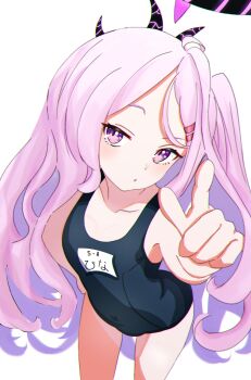 1girl absurdres binware black_halo blue_archive blue_one-piece_swimsuit blush commentary_request hair_ornament hairclip halo highres hina_(blue_archive) hina_(swimsuit)_(blue_archive) long_hair looking_at_viewer one-piece_swimsuit pink_eyes pink_hair school_swimsuit solo swimsuit very_long_hair