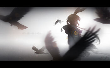 1girl amiya_(arknights) animal_ears arknights ascot black_jacket blue_eyes brown_hair cowboy_shot dated highres hood hooded_jacket infection_monitor_(arknights) jacket jewelry joshua_jin letterboxed long_hair long_sidelocks multiple_rings profile purple_ascot rabbit_ears rabbit_girl ring sidelocks signature skirt solo standing