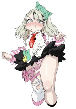 1girl :o angry aqua_eyes asymmetrical_legwear black_skirt blonde_hair blush breasts chinatsu_remiel cropped_legs from_below highres legs_together long_hair looking_at_viewer mining necktie ocha_(popopogg) panties pantyshot pink_panties pink_sleeves red_necktie shirt simple_background single_thighhigh skirt small_breasts solo standing straight_hair striped_clothes striped_panties striped_sleeves sweatdrop thigh_strap thighhighs torn_clothes torn_thighhighs underwear upskirt v-shaped_eyebrows white_background white_shirt white_thighhighs zenless_zone_zero