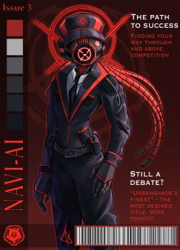 Rule 34 | 1other, ambiguous gender, belt, black jacket, black necktie, character request, collared shirt, contrapposto, cover, cowboy shot, english text, facing viewer, fake alex, hand on own hip, hat, highres, jacket, magazine cover, necktie, object head, pressure (roblox), shirt, white shirt