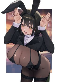 1girl absurdres animal_ear_hairband animal_ears black_hairband black_shrug breasts buttons cleavage commentary_request commission fake_animal_ears hairband hands_up highres huge_breasts long_sleeves looking_at_viewer mole mole_on_cheek mole_under_eye multiple_moles nontraditional_playboy_bunny original playboy_bunny pppppknw rabbit_ears second-party_source shirt shrug_(clothing) skeb_commission solo white_shirt white_wrist_cuffs wrist_cuffs