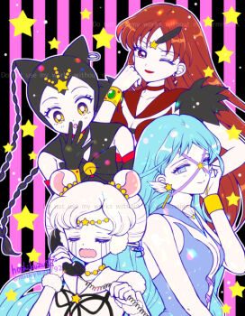 Rule 34 | animal ears, bell, bishoujo senshi sailor moon, bishoujo senshi sailor moon stars, black hair, blue eyes, breasts, brown eyes, brown hair, cat ears, cleavage, closed eyes, crying, earmuffs, earrings, feathers, gloves, jewelry, lipstick, makeup, mouse ears, one eye closed, ribbon, sailor aluminum seiren, sailor iron mouse, sailor lead crow, sailor tin nyanko, smile, star (symbol), telephone, white hair, wink, yellow eyes