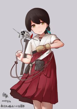 Rule 34 | 1girl, a5m, absurdres, aircraft, airplane, black hair, blue ribbon, blush, brown eyes, cowboy shot, dated, falconry, falconry glove, flight deck, folded ponytail, gloves, grey background, hair ribbon, hakama, hakama skirt, highres, japanese clothes, kantai collection, kasuga maru (kancolle), long hair, looking at viewer, military vehicle, partially fingerless gloves, partly fingerless gloves, propeller fighter, red hakama, ribbon, signature, skirt, smile, yugake, yuushou