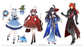 1boy 3girls absurdres ahoge alternate_costume alternate_hairstyle amaichi_esora arm_armor armor armored_boots black_hair black_hairband black_shirt blue_dress blue_eyes blue_nails boots braid breasts bridal_gauntlets brown_hair brown_pants butterfly-shaped_pupils commentary_request crown diluc_(genshin_impact) diluc_(parallels_meet)_(genshin_impact) dress drop-shaped_pupils full_body furina_(genshin_impact) furina_(parallels_meet)_(genshin_impact) genshin_impact gentilhomme_usher green_eyes hair_between_eyes hair_ornament hair_over_shoulder hairband hand_on_own_chest hat heterochromia high_heels highres holding holding_wand hoyofair hu_tao_(genshin_impact) long_hair long_sleeves looking_at_viewer mademoiselle_crabaletta mona_(genshin_impact) mona_(parallels_meet)_(genshin_impact) multiple_girls nail_polish pants pauldrons red_dress red_eyes red_hair red_nails shirt short_hair shoulder_armor simple_background single_pauldron sleeveless sleeveless_dress small_breasts socks surintendante_chevalmarin symbol-shaped_pupils twin_braids twintails very_long_hair wand white_background white_hair white_socks witch_hat