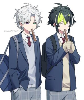 2boys ahoge backpack bag blazer blue_jacket closed_eyes collared_shirt commentary_request food_in_mouth green_eyes green_hair grey_hair grey_pants grey_vest hand_in_pocket heterochromia highres inami_rai jacket male_focus multicolored_hair multiple_boys murakumo_kagetsu murakumo_kagetsu_(3rd_costume) nana72710193 nijisanji pants plaid_clothes plaid_pants purple_eyes school_bag school_uniform shirt short_hair simple_background sleeves_past_fingers sleeves_past_wrists streaked_hair sweater_vest tupet twitter_username vest virtual_youtuber white_background white_shirt yellow_vest