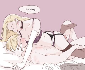 1boy 1girl alexia_ashford alfred_ashford blonde_hair blue_eyes blush bra choker clothed_female_nude_male domination earrings garter_belt garter_straps girl_on_top gloves incest jewelry long_hair looking_down mmyaaym nude penis purple_background purple_bra purple_underwear red_markings resident_evil resident_evil_-_code:_veronica scratches short_hair siblings sweat teasing thighhighs translated twincest twins underwear white_gloves bed_sheet wrestling