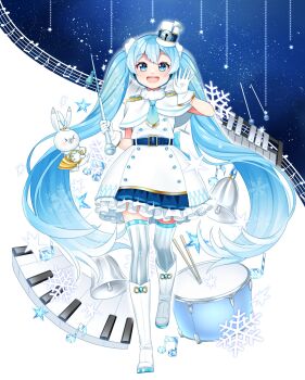 1girl 1other aqua_eyes aqua_hair aqua_necktie aqua_trim bell belt blue_belt blush boots buttons capelet commentary double-breasted dress drum drumsticks epaulettes full_body gloves gradient_hair grey_thighhighs hat_ornament hatsune_miku highres holding holding_wand instrument long_hair looking_at_viewer masumofu multicolored_hair musical_note musical_note_hat_ornament musical_staff necktie open_mouth piano rabbit_yukine simple_background smile snowflakes thighhighs vocaloid wand white_background white_boots white_capelet white_dress white_gloves white_hair yuki_miku yuki_miku_(2020)_(applicant)