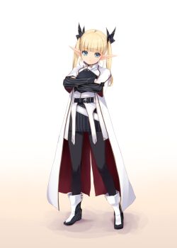 Rule 34 | 1girl, ankle boots, belt, black belt, black pantyhose, black ribbon, black tunic, blonde hair, boots, bow, bowtie, closed mouth, coat, commentary request, crossed arms, elf, green eyes, hair ribbon, kirishima satoshi, long hair, long pointy ears, looking at viewer, original, overcoat, pantyhose, petite, pointy ears, ribbon, sleeveless, sleeveless coat, solo, tunic, twintails, white background