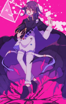 1boy aegyo_sal arm_belt belt belt_buckle black_cloak black_hat black_scarf black_shoes blood blood_splatter buckle buttons checkered_clothes checkered_scarf cloak collared_cape commentary_request crossed_ankles danganronpa_(series) danganronpa_v3:_killing_harmony dot_nose double-breasted dress_pants dress_shoes floating floating_cape full_body gold_buckle hair_between_eyes hand_up happy hat high_collar holding holding_unworn_clothes holding_unworn_hat jacket long_hair_between_eyes long_sleeves looking_at_viewer multicolored_buttons multicolored_shoes multiple_belts oma_kokichi open_mouth pants peaked_cap pink_background purple_cloak purple_eyes purple_hair purple_shoes sakura_(fein5862817) scarf shoes smile solo thigh_belt thigh_strap torn_cloak torn_clothes torn_jacket torn_scarf twitter_username two-sided_cloak two-sided_fabric two-tone_scarf two-tone_shoes unworn_hat unworn_headwear white_belt white_jacket white_pants white_scarf
