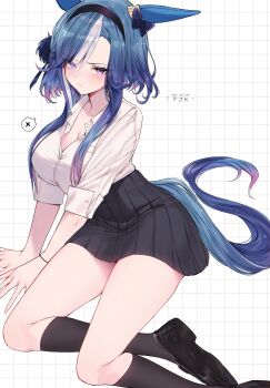 1girl absurdres admire_groove_(umamusume) alternate_costume black_hairband black_shoes black_skirt black_socks blue_hair blue_tail breasts cleavage closed_mouth commentary_request dress ear_covers ear_ornament eyes_visible_through_hair hair_over_one_eye hairband highres kneehighs large_breasts loafers looking_at_viewer mole mole_under_mouth pleated_dress purple_eyes school_uniform shirt shirt_tucked_in shoes short_hair short_hair_with_long_locks simple_background sitting skirt socks solo tetora_(oudonoishiize) thighs three-quarter_sleeves umamusume white_shirt white_streaks yokozuwari