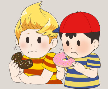 black_hair blonde_hair child donut eating food hat lucas_(mother_3) male mother_(series) mother_2 ness_(mother_2) nintendo red_hat shirt shota sjsj_10 striped_clothes striped_shirt super_smash_bros.