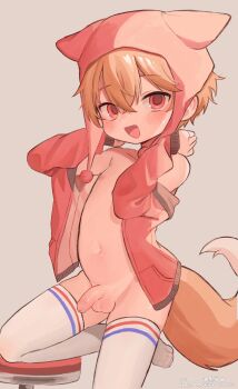 1boy :d absurdres animal_ear_headwear artist_name bilingual_commentary blonde_hair chinese_commentary commentary english_commentary fake_animal_ears fox_boy fox_tail grey_background hat highres jacket large_variant_set long_sleeves looking_at_viewer male_focus mixed-language_commentary navel nipples omurice_(roza4957) open_clothes open_jacket open_mouth original penis pink_hat pink_jacket red_eyes short_hair shota signature simple_background small_penis smile solo tail testicles thighhighs uncensored variant_set white_thighhighs