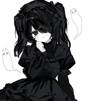 Rule 34 | 1girl, ame-chan (needy girl overdose), black dress, black eyes, black hair, commentary, doodle inset, dot nose, dress, drill hair, emoji, frilled dress, frilled hairband, frilled sleeves, frills, ghost, gothic lolita, hair ornament, hair over one eye, hairband, highres, kitty 17a, lolita fashion, lolita hairband, needy girl overdose, pien cat (needy girl overdose), pleading face emoji, puffy sleeves, solo, sweat, twin drills, white background, x hair ornament