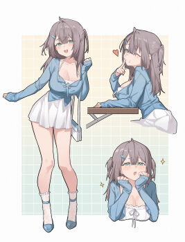 1girl absurdres ahoge blue_eyes blue_shirt blue_shoes breasts brown_hair casual cleavage commentary_request cropped_torso dress halterneck hand_up highres indie_virtual_youtuber large_breasts long_hair long_sleeves looking_at_viewer midori_fufu midori_fufu_(vtuber) mole mole_on_breast multiple_views one_eye_closed open_mouth shirt shoes short_dress sleeveless sleeveless_dress smile socks spaghetti_strap thighs two_side_up virtual_youtuber white_dress white_socks