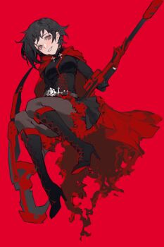 1girl absurdres black_dress black_hair black_pantyhose boots cloak dress flowercz grey_eyes grin high_heel_boots high_heels highres holding holding_scythe holding_weapon hood hooded_cloak medium_hair pantyhose red_background ruby_rose rwby scythe smile solo weapon