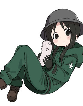 Rule 34 | 1girl, absurdres, black eyes, black gloves, black hair, blush, brown shoes, chito (shoujo shuumatsu ryokou), closed mouth, commentary, foot out of frame, fusazakura, gloves, green hoodie, green pants, grey hat, hat, highres, hood, hood down, hoodie, long hair, long sleeves, nuko (shoujo shuumatsu ryokou), pants, shoes, shoujo shuumatsu ryokou, sidelocks, simple background, solo, white background