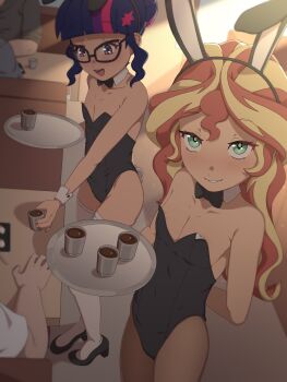 2girls 3boys animal_ears areola_slip arms_behind_back bare_shoulders black-framed_eyewear black_bow black_bowtie black_leotard blonde_hair blunt_bangs blush bow bowtie coffee collarbone covered_navel cup detached_collar fake_animal_ears fake_tail flat_chest glasses green_eyes hair_bun hair_ornament high_heels highleg highleg_leotard holding holding_tray indoors leotard loli long_hair looking_at_viewer multicolored_hair multiple_boys multiple_girls my_little_pony my_little_pony:_equestria_girls my_little_pony:_friendship_is_magic open_mouth pantyhose pink_hair playboy_bunny purple_eyes purple_hair rabbit_ears rabbit_tail red_hair rockset sci-twi smile standing star_(symbol) strapless strapless_leotard streaked_hair sunset_shimmer table tail teeth thighhighs tray twilight_sparkle two-tone_hair wavy_hair white_thighhighs wrist_cuffs
