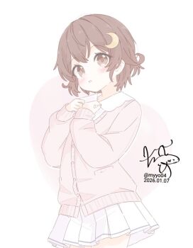 1girl alternate_costume blush brown_hair chame_(myyo04) collared_shirt commentary_request cowboy_shot crescent dated hair_ornament jacket kantai_collection looking_at_viewer mutsuki_(kancolle) pink_jacket red_hair shirt short_hair signature skirt smile solo white_background white_shirt white_skirt