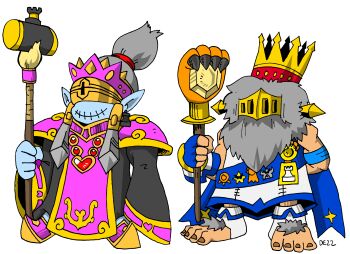 Rule 34 | armor, babamon, digimon, digimon (creature), fusion, heart, highres, jijimon, kingchessmon, original, queenchessmon, smile, staff