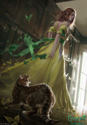 Rule 34 | 1girl, akreon, back, bare shoulders, breasts, brown hair, bug, butterfly, cat, cleavage, dress, elf, green butterfly, gwent (game), highres, insect, long hair, long skirt, looking back, magic, makeup, official art, pointy ears, skirt, sleeveless, sleeveless dress, tape, yellow dress