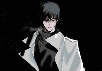 1boy aegyo_sal black_eyes black_hair black_shirt blush coat commentary_request hair_between_eyes high_collar hinizana kim_dokja korean_commentary looking_down male_focus omniscient_reader&#039;s_viewpoint open_clothes open_coat parted_lips popped_collar shirt short_hair solo turtleneck upper_body white_coat