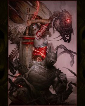 1boy 1girl absolute_batman absolute_dc absolute_wonder_woman back_spikes bat_mask batman batman_(absolute_dc) batman_symbol bodysuit cowl dc_comics grey_bodysuit highres huge_weapon red_tattoo superhero_costume tattoo tattoo_sleeve weapon wonder_woman