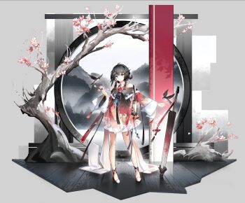 1girl alternate_costume architecture arknights bird black_hair chinese_clothes chinese_commentary commentary_request dress east_asian_architecture expressionless flower full_body hair_flower hair_ornament hand_up hanfu highres holding la_pluma_(arknights) looking_at_viewer oil-paper_umbrella plum_blossoms red_dress red_shoes shoes short_hair standing tachi-e umbrella wooden_floor yinren