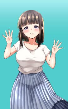 1girl aqua_background aqua_nails blue_eyes blunt_bangs blush breasts brown_hair closed_mouth collarbone commentary_request finger_counting grey_skirt hands_up harem_camp! highres large_breasts looking_at_viewer medium_hair number_four_(asl) shirt short_sleeves skirt smile solo white_shirt yuuki_hb