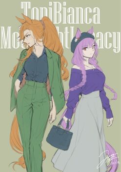 2girls animal_ears bag beret black_shirt blunt_bangs braid brown_hair commentary_request green_background green_jacket green_pants grey_skirt handbag hat high-waist_pants highres horse_ears horse_girl jacket jacket_on_shoulders jewelry kuzumi_taiyou long_hair long_skirt long_sleeves low_twin_braids moonlight_lunacy_(umamusume) multiple_girls necklace off-shoulder_sweater off_shoulder pants ponytail purple_hair purple_sweater red_eyes shirt skirt sweater toni_bianca_(umamusume) twin_braids umamusume umamusume:_cinderella_gray