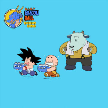 3boys bald bald_male black_eyes black_hair blue_background bottle chibi delivery_service dragon_ball kuririn milk milk_bottle multiple_boys running son_goku