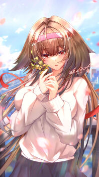 1girl absurdres alternate_costume animal_ears blue_skirt blue_sky breast_press breasts brown_hair clover clover_hair_ornament commentary_request dated droopy_ears falling_petals flower gxws hair_ornament hairband highres holding holding_flower large_breasts long_hair looking_at_viewer open_mouth outdoors petals red_eyes red_hairband skirt sky solo sweater upper_body very_long_hair white_sweater ye_shunguang yellow_flower zenless_zone_zero