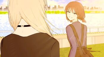 Rule 34 | 2girls, black choker, black overalls, black shirt, blue eyes, blue shirt, blush, brown hair, choker, commentary request, day, girls band cry, grcr pometa1118, grey hair, highres, iseri nina, kawaragi momoka, long hair, looking at another, looking at viewer, low twintails, multiple girls, open mouth, outdoors, overalls, shirt, short hair, short twintails, twintails