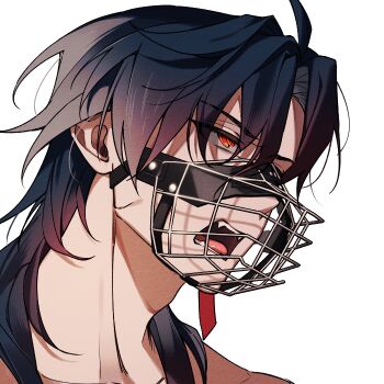 1boy black_hair blade_(honkai:_star_rail) commentary_request fangs gradient_hair honkai:_star_rail honkai_(series) korean_commentary long_hair male_focus multicolored_hair muzzle_(mask) open_mouth portrait red_eyes savior33550336 simple_background solo teeth tongue white_background