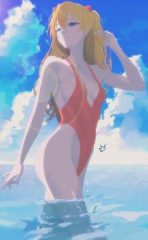 Rule 34 | 1girl, absurdres, artist request, blue eyes, blue sky, bodysuit, breasts, brown hair, cleavage, cloud, curvy, day, hair between eyes, hand in own hair, highleg, highleg one-piece swimsuit, highres, interface headset (evangelion), long hair, looking ahead, mecha pilot suit, narrow waist, neon genesis evangelion, ocean, one-piece swimsuit, outdoors, plugsuit (evangelion), red bodysuit, signature, sky, small breasts, smile, solo, souryuu asuka langley, sunlight, swimsuit, thong one-piece swimsuit, two side up, wide hips