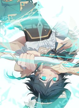 Rule 34 | 1boy, absurdres, aqua eyes, aqua hair, beret, black hair, bow (weapon), braid, brown corset, cape, cecilia flower (genshin impact), corset, drawing bow, flower, genshin impact, gradient hair, green cape, green hat, gyeol hon102, hashtag-only commentary, hat, highres, holding, holding bow (weapon), holding weapon, long sleeves, looking at viewer, multicolored hair, partially colored, shirt, short hair, side braids, simple background, solo, twin braids, upside-down, venti (genshin impact), weapon, white background, white flower, white shirt