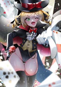 1girl absurdres black_boots black_hat black_leotard black_ribbon black_thighhighs blonde_hair boots bow bowtie brown_vest cane card commission curly_hair fang gem gloves gluteal_fold green_eyes groin hat highleg highleg_leotard highres leotard leotard_under_clothes long_hair looking_at_viewer one_eye_closed open_mouth original outstretched_arm phantom_thief phantom_thief_(kkmomo67) playing_card red_bow red_bowtie ribbon shirt skeb_commission skindentation smile solo standing sui_hi_sf thigh_boots thigh_gap thighhighs thighs top_hat twintails vest white_gloves white_shirt