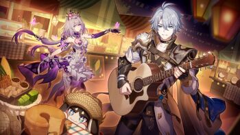 Rule 34 | 1boy, 1girl, acoustic guitar, antenna hair, armor, black choker, black gloves, black pants, black shirt, black tiara, blue cape, blue eyes, breasts, bug, butterfly, cape, castorice (honkai: star rail), choker, coat, commentary request, dress, fingerless gloves, gloves, guitar, hat, highres, holding, holding guitar, holding instrument, honkai: star rail, honkai (series), insect, instrument, long hair, low-tied long hair, neck tattoo, official art, pants, pauldrons, phainon (honkai: star rail), pom-pom (honkai: star rail), portuguese commentary, purple butterfly, purple eyes, purple hair, shirt, short hair, shoulder armor, single glove, single pauldron, small breasts, straw hat, tattoo, thigh strap, thighhighs, tiara, very long hair, white coat, white dress, white hair, white thighhighs