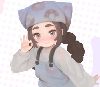 Rule 34 | 1girl, ansha (pokemon), apron, blue apron, closed mouth, commentary request, donut print, eyelashes, food print, grey eyes, hand up, long hair, long sleeves, nintendo, nyc, ok sign, pokemon, pokemon legends: z-a, print apron, shirt, sidelocks, smile, solo, upper body