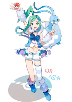 1girl altaria arm_up arm_warmers blue_boots blue_bow blue_hair boots bow commentary_request eihi gen_3_pokemon gradient_hair green_hair hair_ornament holding holding_poke_ball lisia_(pokemon) looking_at_viewer multicolored_hair navel nintendo open_mouth overskirt poke_ball poke_ball_symbol pokemon pokemon_(creature) pokemon_oras shorts simple_background single_thighhigh striped_clothes striped_thighhighs thighhighs v