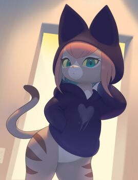 1girl :&lt; absurdres aqua_eyes backlighting bottomless cat_tail colored_sclera contrapposto detached_hood doorway furry furry_female hand_in_pocket highres hood hoodie inkune looking_at_viewer monster_hunter_(series) monster_hunter_stories_2 pink_hair purple_hoodie solo tail tsukino_(monster_hunter) yellow_sclera
