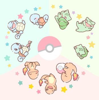 asakoline bulbasaur charmander claws closed_eyes commentary_request food fruit gen_1_pokemon happy nintendo no_humans one_eye_closed open_mouth peach poke_ball poke_ball_(basic) pokemon pokemon_(creature) red_eyes sitting smile squirtle star_(symbol) starter_pokemon_trio