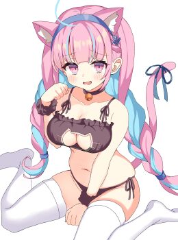 1girl anchor_hat_ornament animal_ears aqua_hair bell bikini black_bra black_choker black_panties black_scrunchie blue_hairband blue_ribbon blush bra braid breasts cat_cutout cat_ears cat_girl cat_lingerie cat_tail choker cleavage clothing_cutout collarbone colored_inner_hair commentary frilled_bra frills hair_tie hairband hat_ornament highres hololive jingle_bell large_breasts long_hair looking_at_viewer minato_aqua multicolored_hair navel neck_bell neck_ribbon open_mouth panties pink_eyes pink_hair ribbon scrunchie side-tie_bikini_bottom simple_background sitting solo stomach streaked_hair swimsuit tail thighhighs thighs twin_braids twintails two-tone_hair underwear upturned_eyes virtual_youtuber wariza white_background white_thighhighs wrist_scrunchie y-ha
