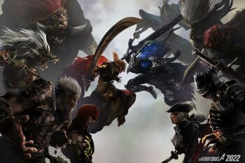 2girls 6+boys akeome armor artorias_the_abysswalker ashina_isshin battle bloodborne company_connection dark_souls_(series) dark_souls_i dark_souls_iii elden_ring elden_ring_(object) fromsoftware godfrey_first_elden_lord happy_new_year highres holding holding_sword holding_weapon kurotokusa lady_maria_of_the_astral_clocktower malenia_blade_of_miquella maliketh_the_black_blade multiple_boys multiple_girls nameless_king new_year radagon_of_the_golden_order sekiro:_shadows_die_twice slave_knight_gael soul_of_cinder starscourge_radahn sword weapon