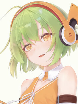 1girl absurdres armlet armpit_crease bare_shoulders bms breasts chunithm cleavage_cutout clothing_cutout collar commentary_request cosplay freedom_dive green_hair headphones highres jewelry kurante looking_at_viewer open_mouth orange_eyes orange_shirt portrait ribbon shirt short_hair simple_background sky_feather_(chunithm) sky_feather_(chunithm)_(cosplay) sleeveless sleeveless_shirt small_breasts smile solo taktalfine wacca white_background white_collar white_ribbon wing_collar